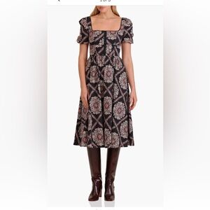 Avec Les Filles Black Dress with Cream and Red Medallion Print